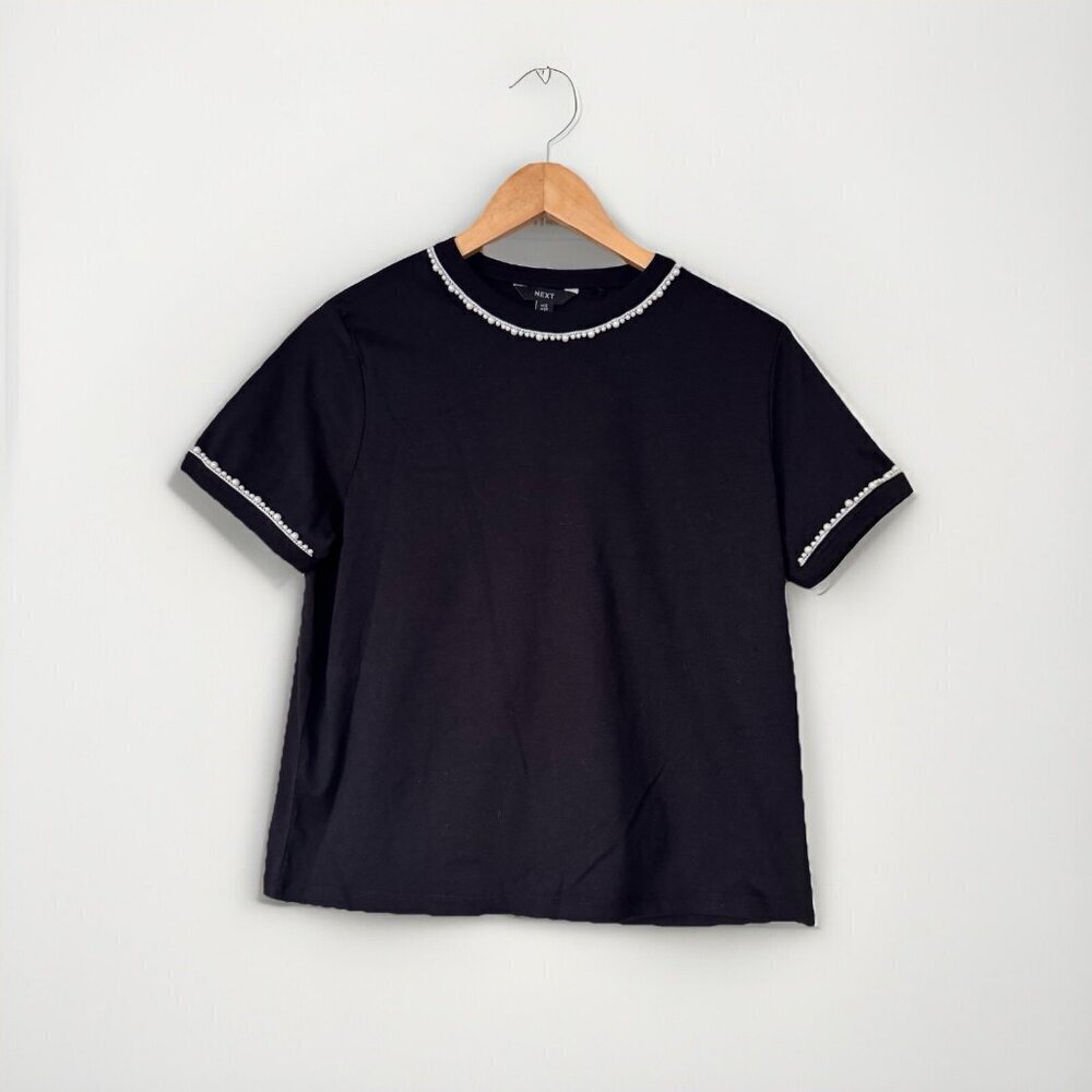 Next Pearl Trim Short Sleeve Tshirt Size UK 12 US 8 Black